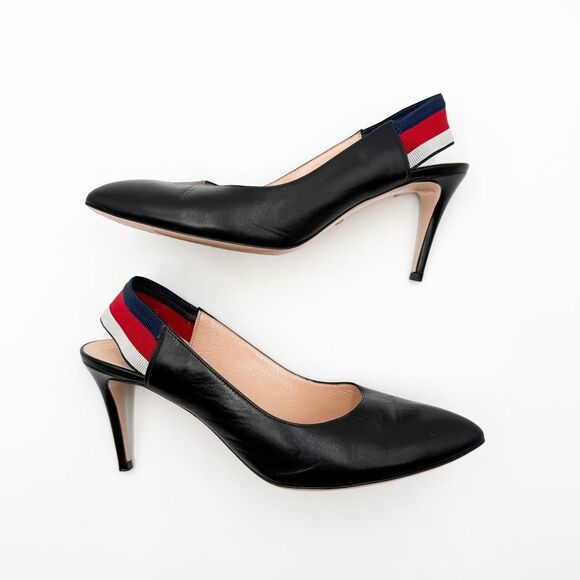 Gucci Sylvie Pumps Web Stripe Black Leather Slingback Heels Size 40, 10 - Picture 8 of 14